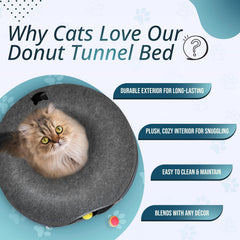 Meow Mates hanging-ball toy inside cat tunnel encourages interactive play and exercise.