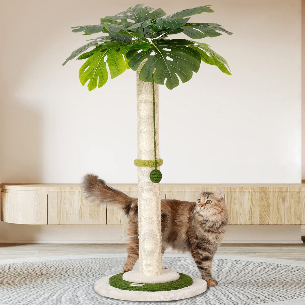 Meowoou cat tree 35-inch monstera tower provides space-saving play and rest area.