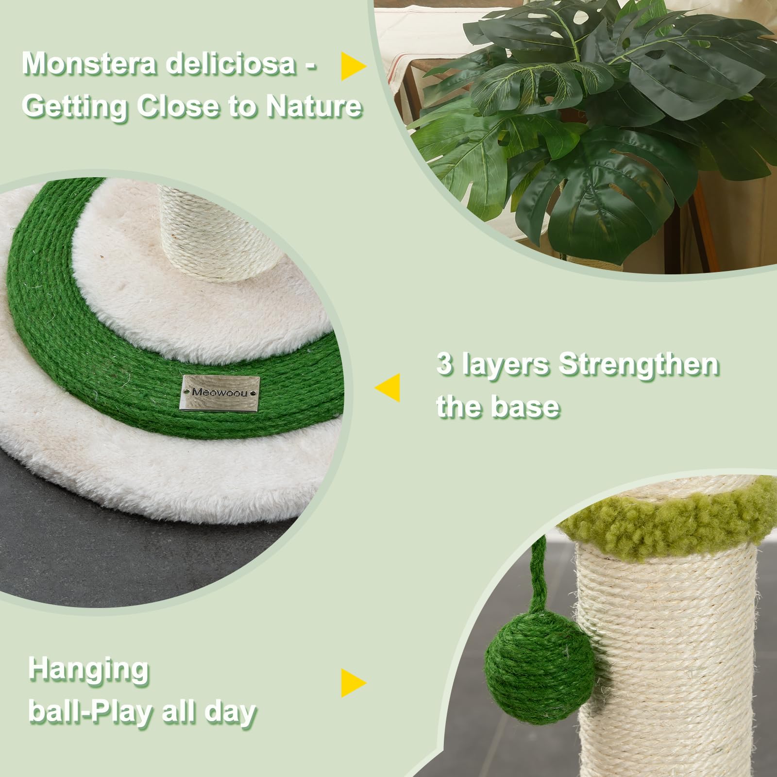 Meowoou cat tree soft base offers stable resting and quiet lounging.