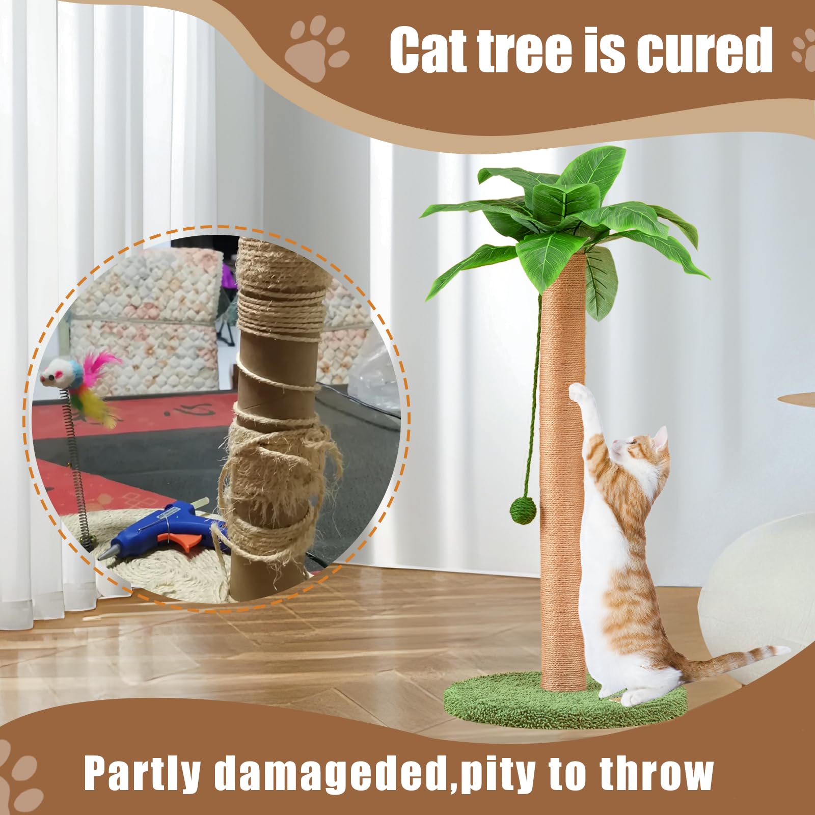 Meowoou replacement scratch post being installed on a cat tree with no tools.