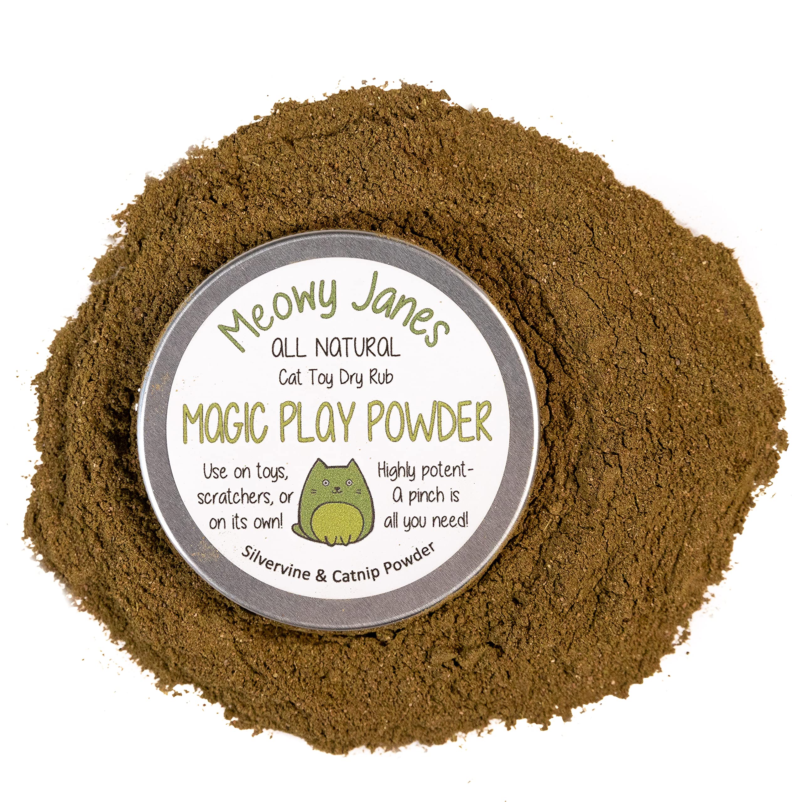 Meowy Janes play powder tin close-up ready to entice cats.