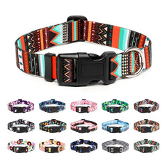 Mercano adjustable dog collar tribal patterns closeup shows durable nylon for daily wear.