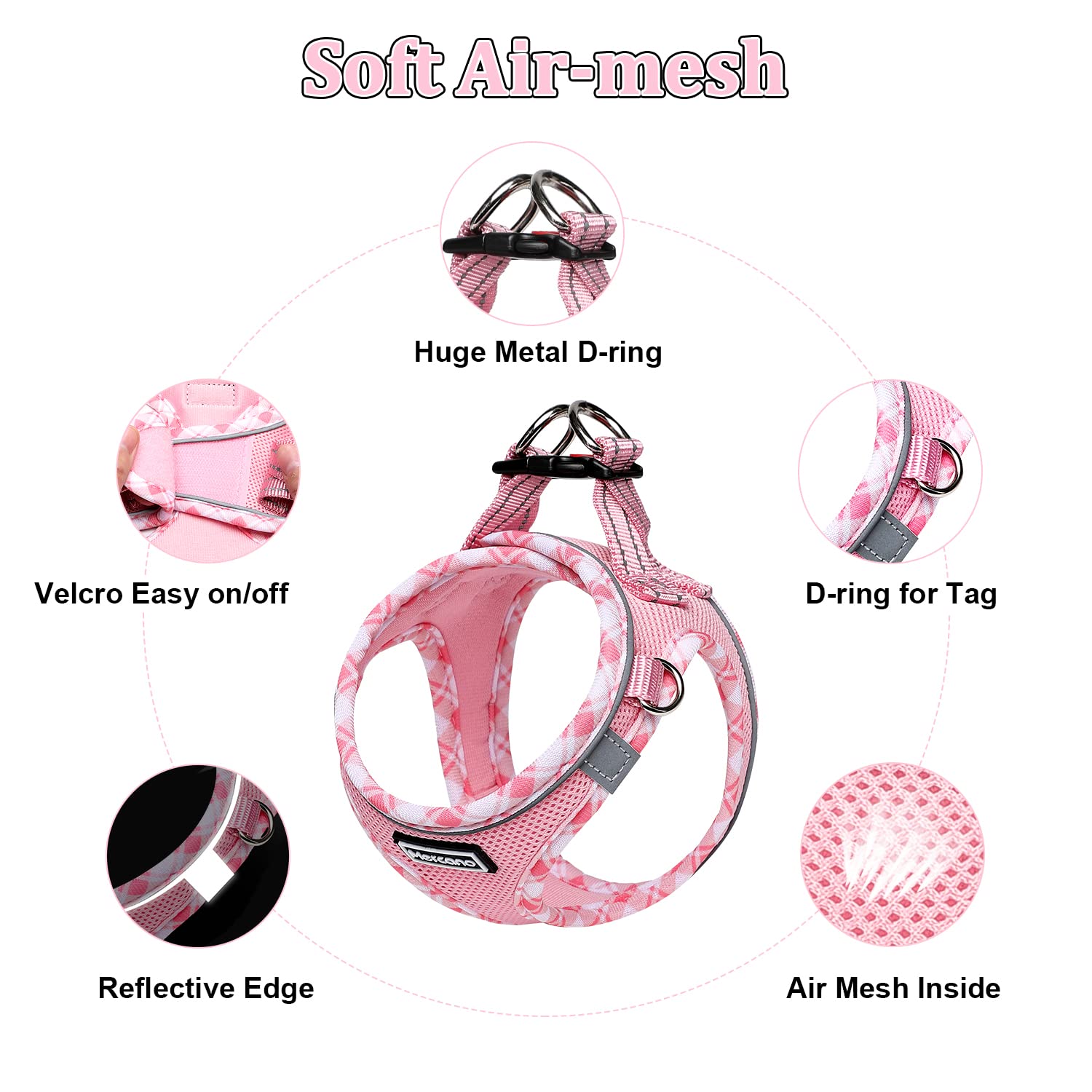 Mercano soft mesh harness pink buckle closeup demonstrates quick-release safety buckle