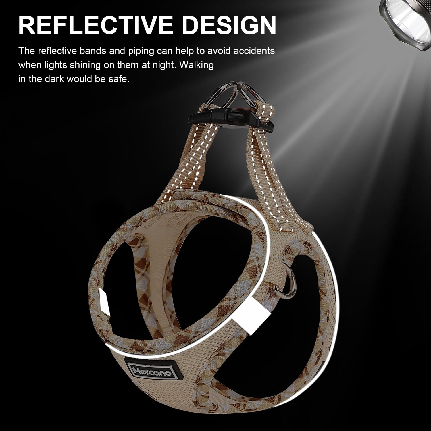 Mercano beige XXS harness shows ID tag or LED light attachment option