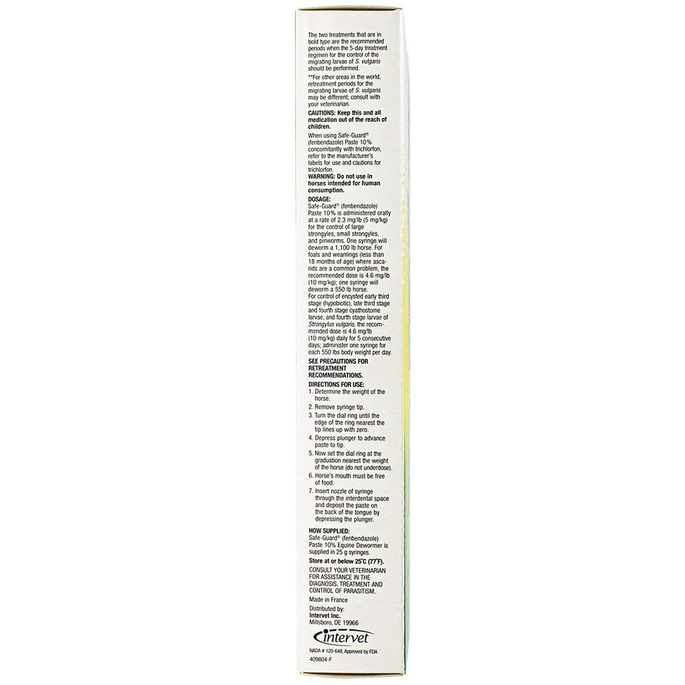 Merck Animal Health Safe Guard equine paste label highlights fenbendazole as active ingredient