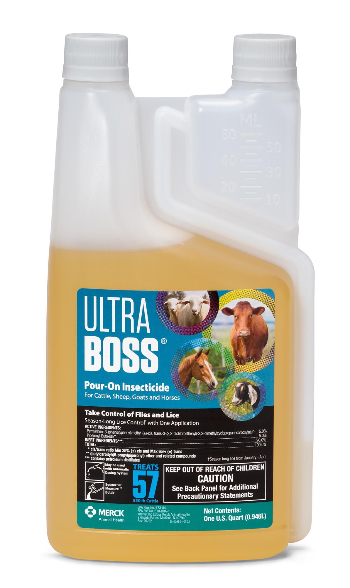 Merck Ultra Boss Pour On bottle shown, ready for easy application to support horse comfort.