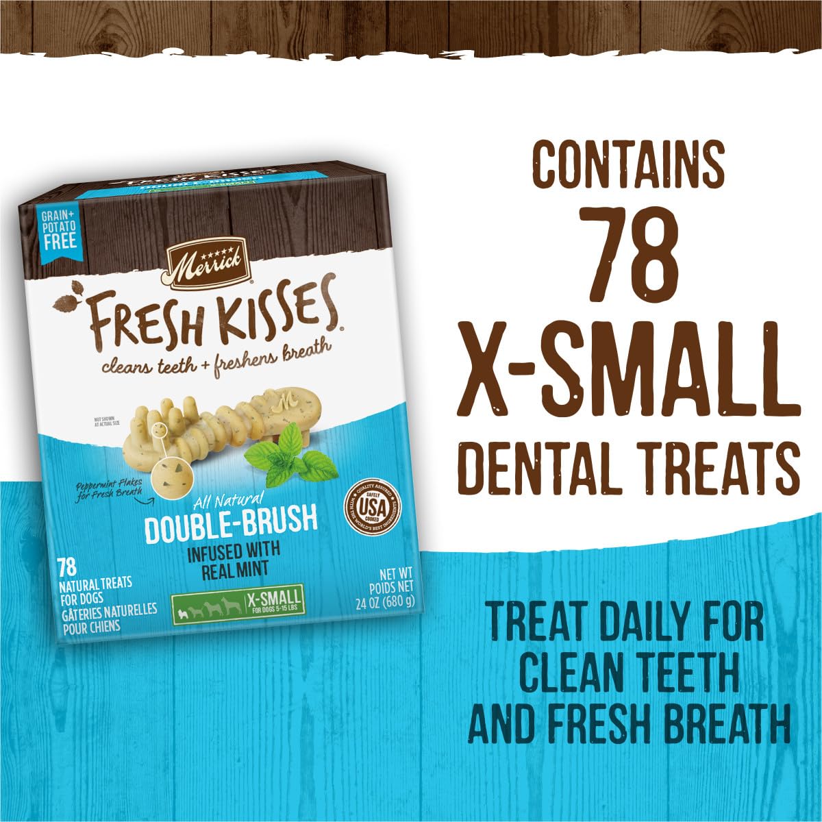 Merrick Fresh Kisses 78-count box shown for long-lasting dental care.
