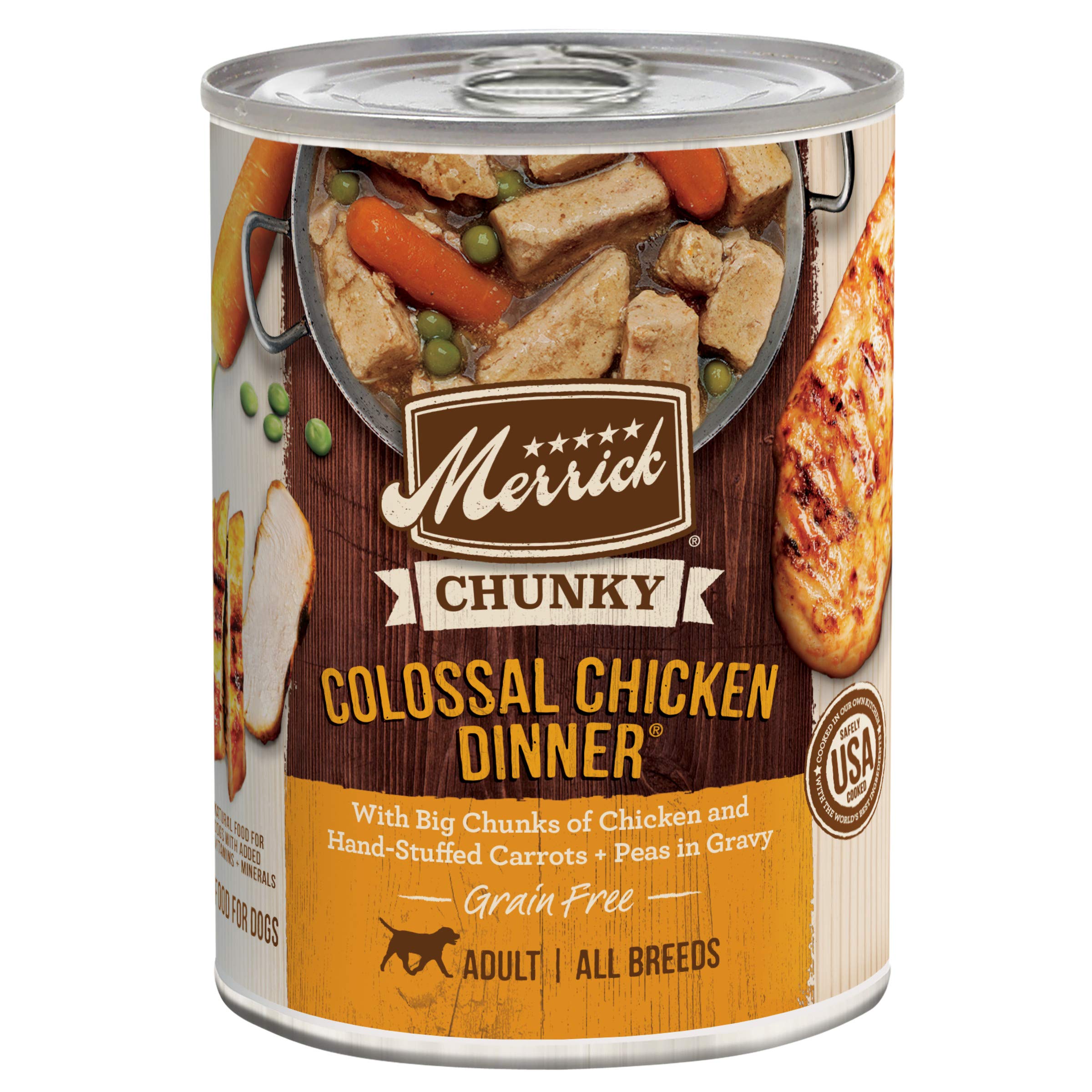 Merrick Chunky Chicken Dinner in Gravy can exterior showcases premium protein option for dogs.