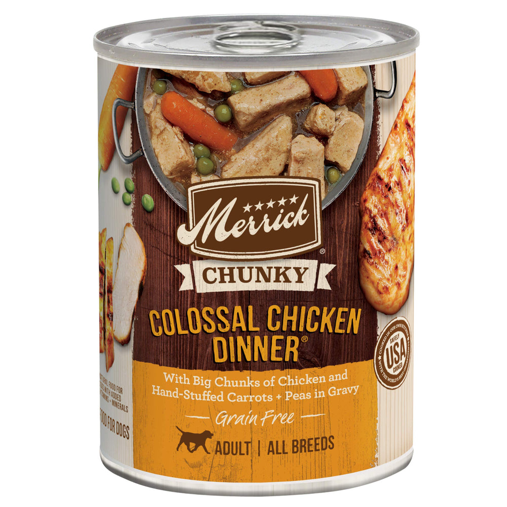 Merrick Chunky Chicken Dinner in Gravy can exterior showcases premium protein option for dogs.