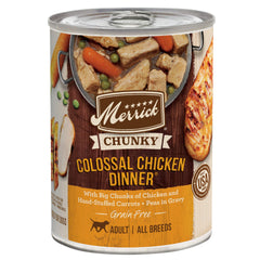 Merrick Chunky Chicken Dinner in Gravy can exterior showcases premium protein option for dogs.