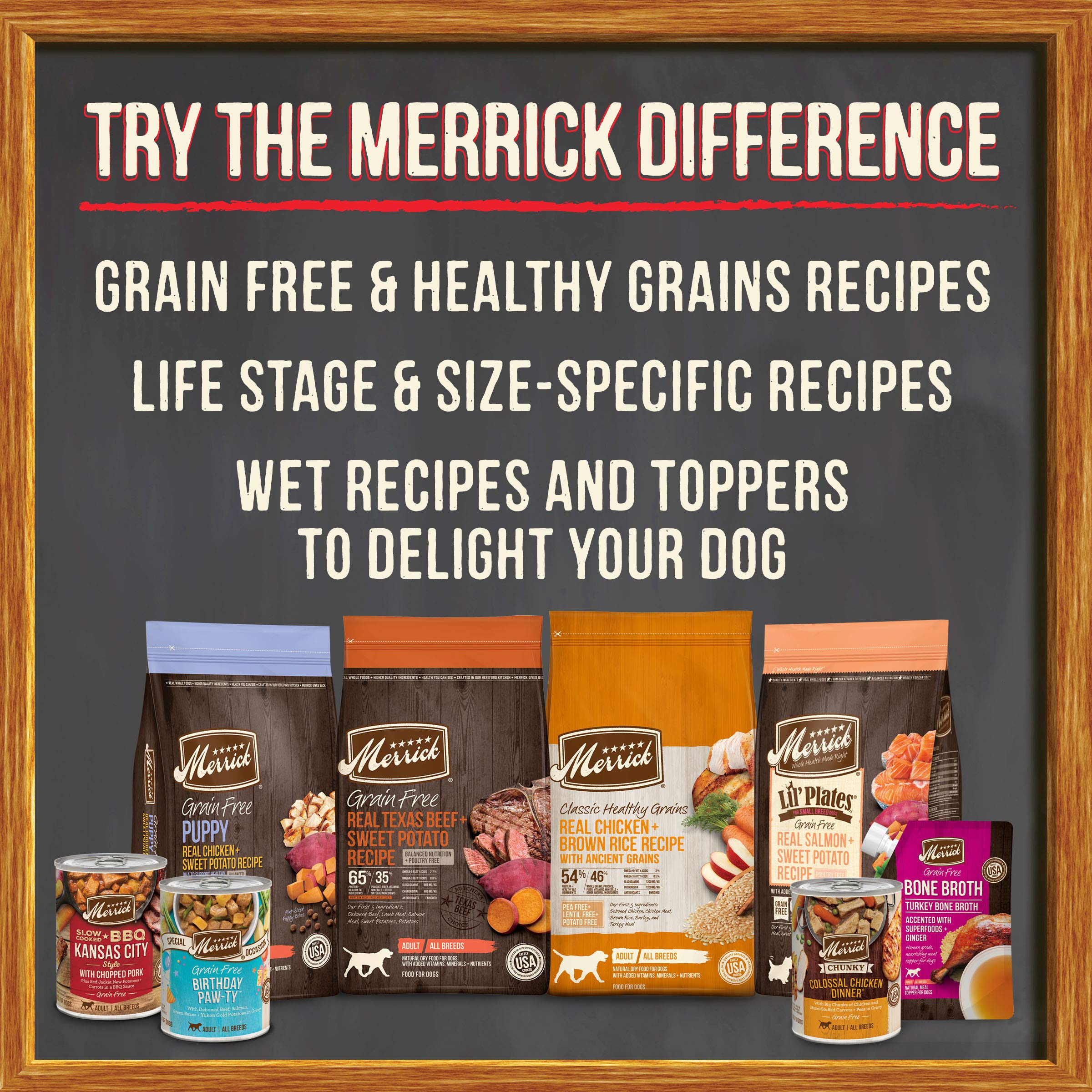 Merrick Chunky Chicken Dinner in Gravy topping over kibble signals versatile mealtime.