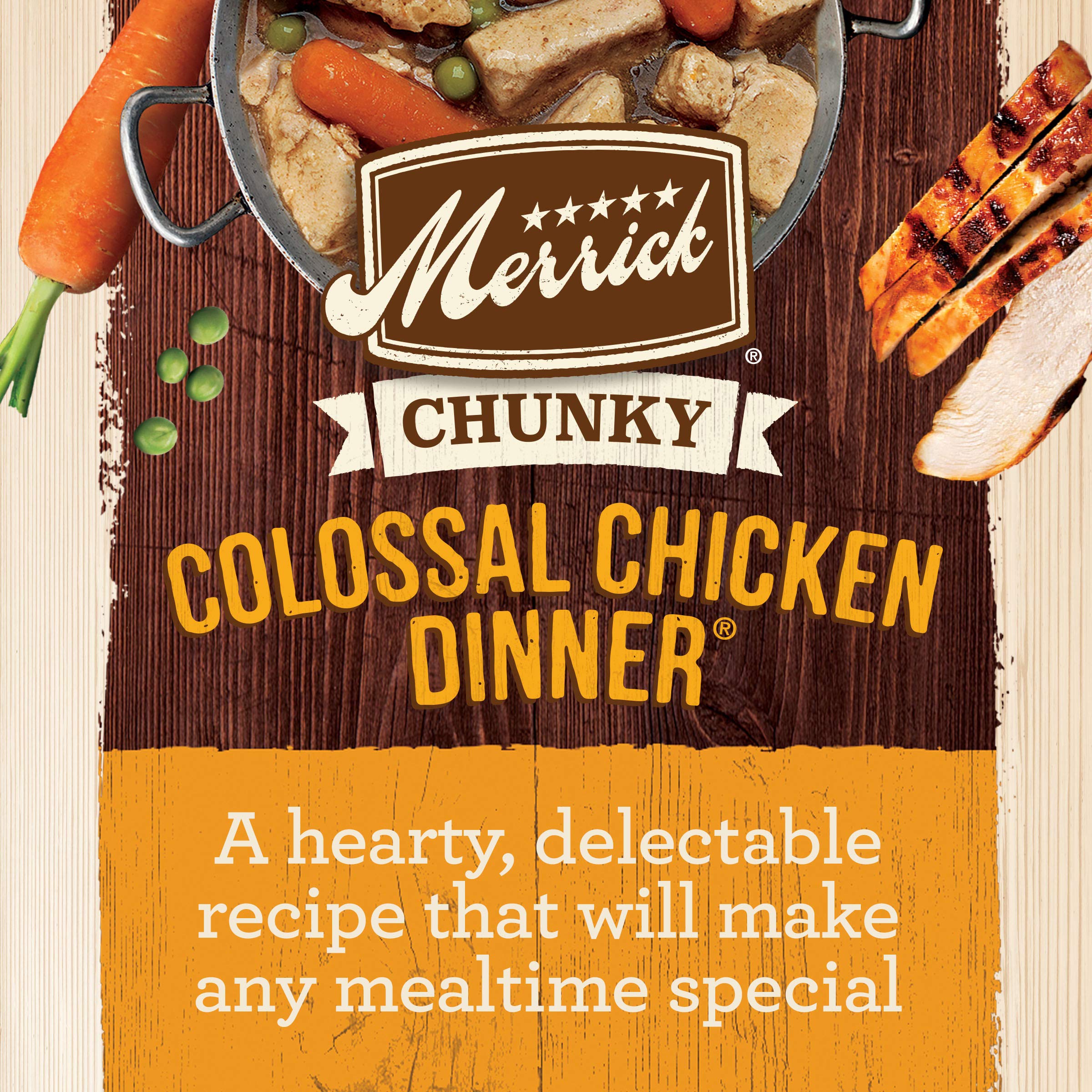 Merrick Chunky Chicken Dinner in Gravy label close-up highlights grain-free formula and real meat.