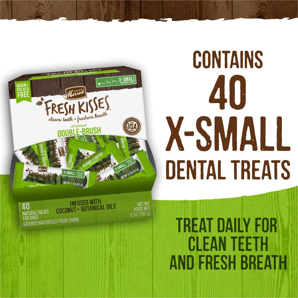 Merrick Fresh Kisses designed for small dogs 5-15 lbs promotes accessible dental care.