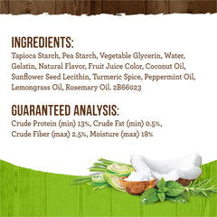 Merrick Fresh Kisses coconut oil and botanicals label closeup for natural oral care.