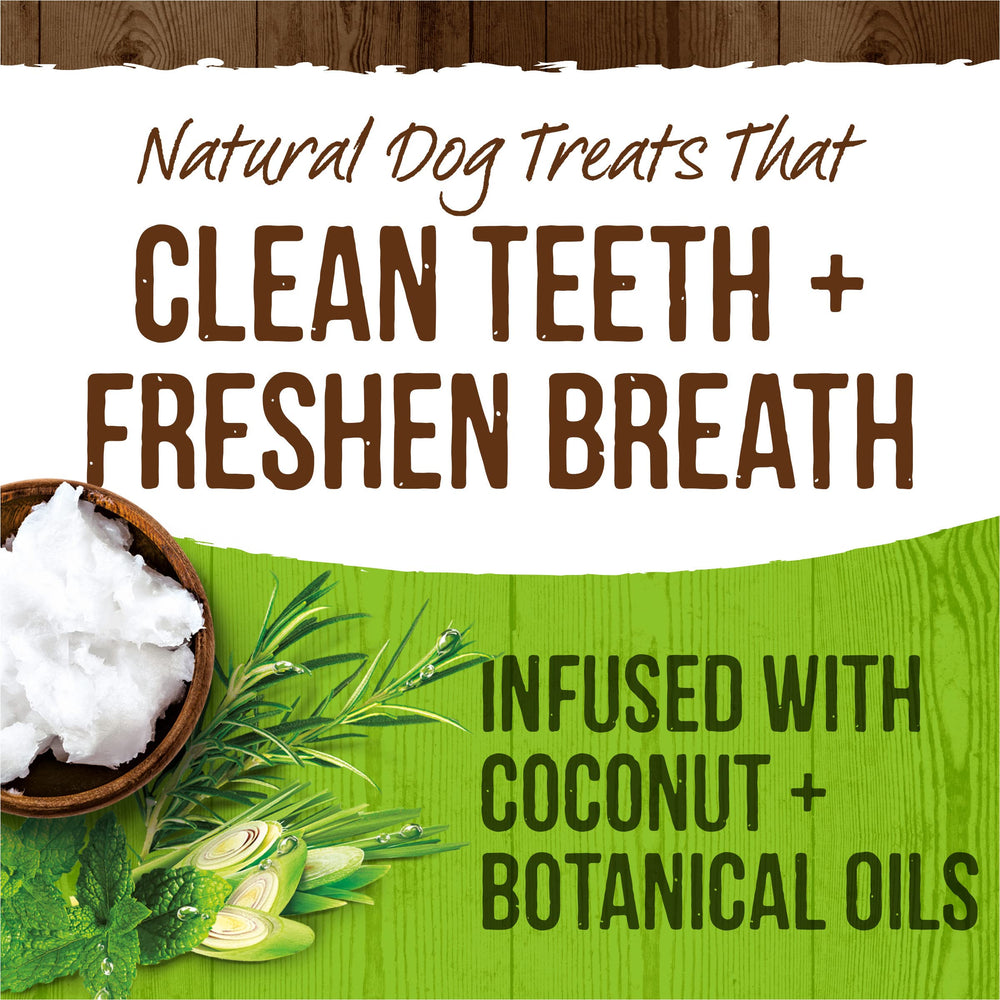 Merrick Fresh Kisses coconut oil infusion close-up highlights natural cleaning and flavor for tiny breeds.