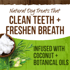 Merrick Fresh Kisses coconut oil infusion close-up highlights natural cleaning and flavor for tiny breeds.
