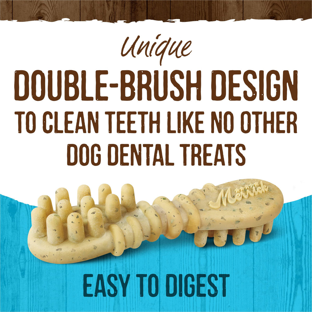 Merrick Fresh Kisses dental chew being chewed by a dog for fresher breath