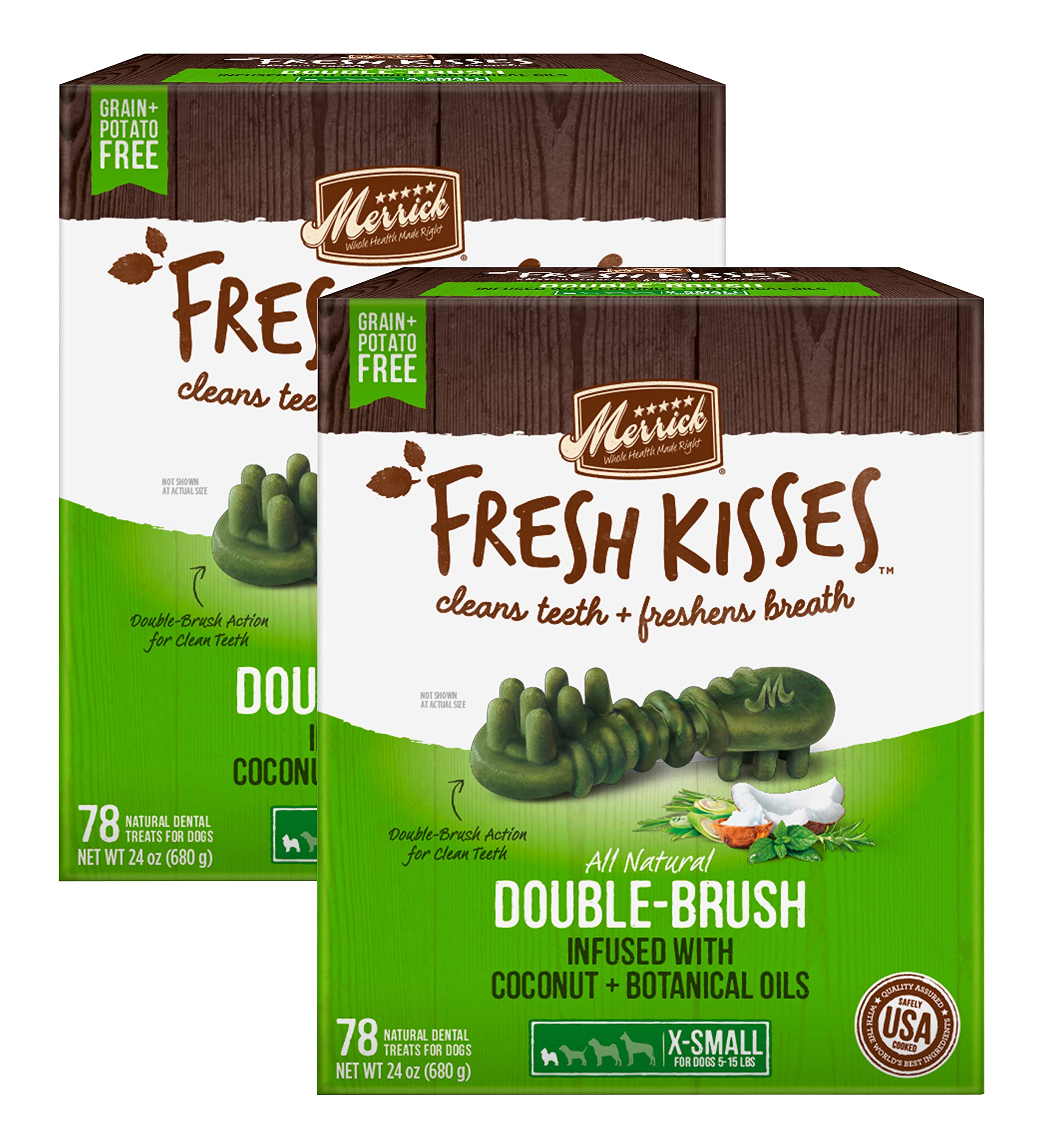 Merrick Fresh Kisses double-brush packaging promotes dental care for toy breeds