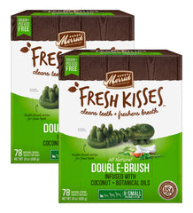 Merrick Fresh Kisses double-brush packaging promotes dental care for toy breeds