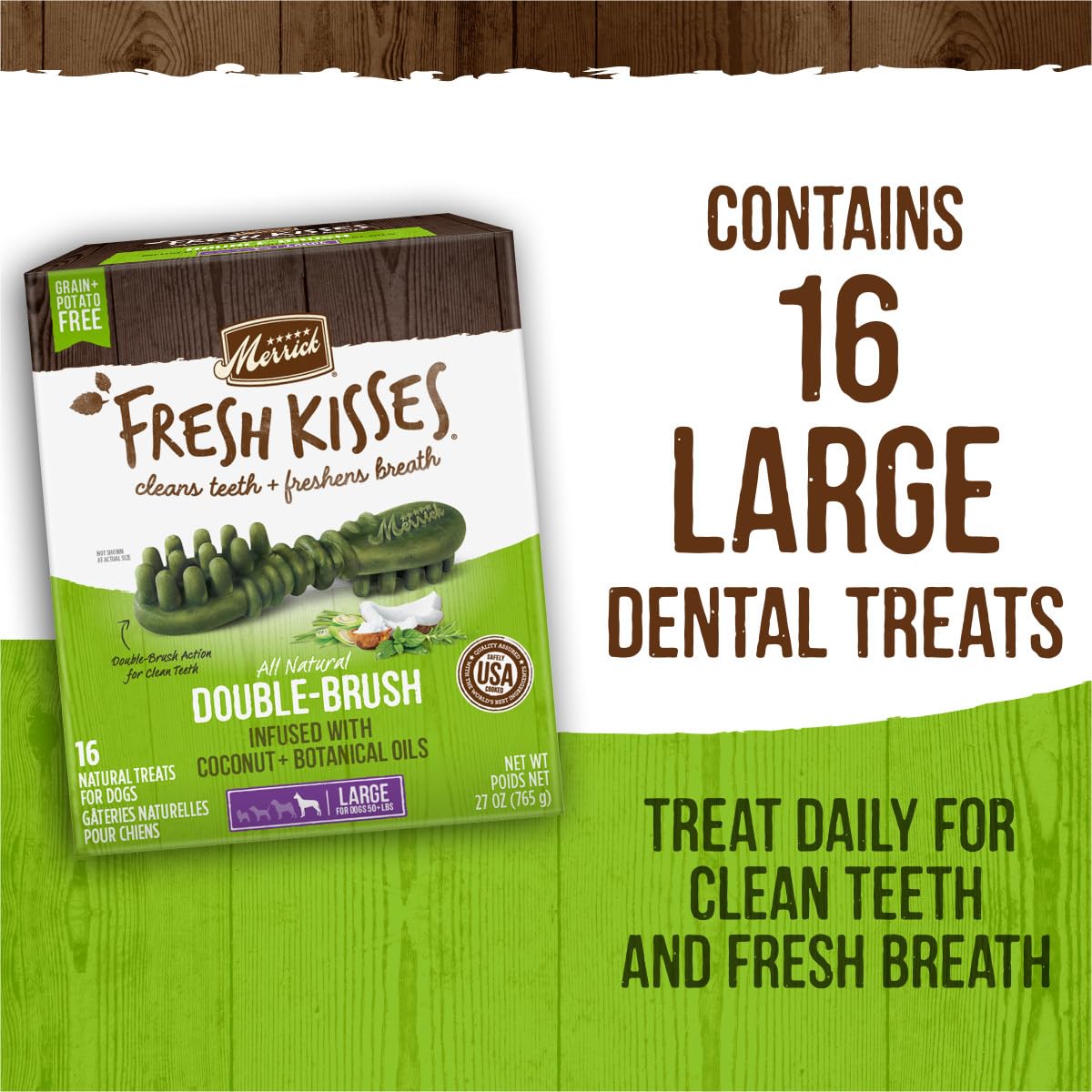 Merrick Fresh Kisses 13-ingredient formula promoting natural oral wellness.