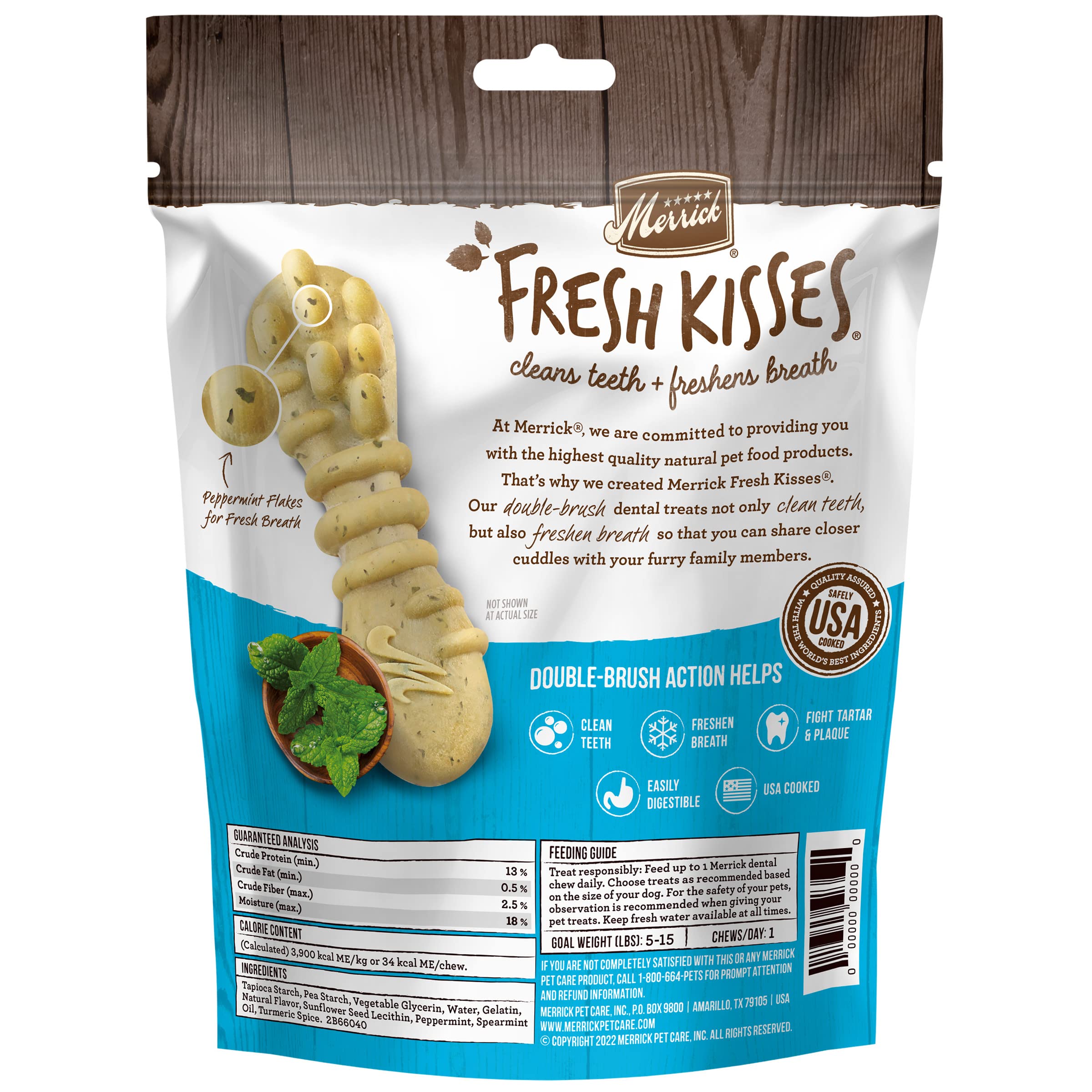 Merrick Fresh Kisses soft-dental-chews illustrate easily digestible treats friendly to tiny mouths.