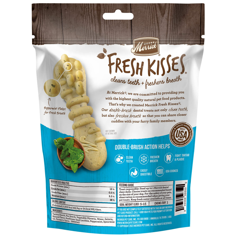 Merrick Fresh Kisses soft-dental-chews illustrate easily digestible treats friendly to tiny mouths.