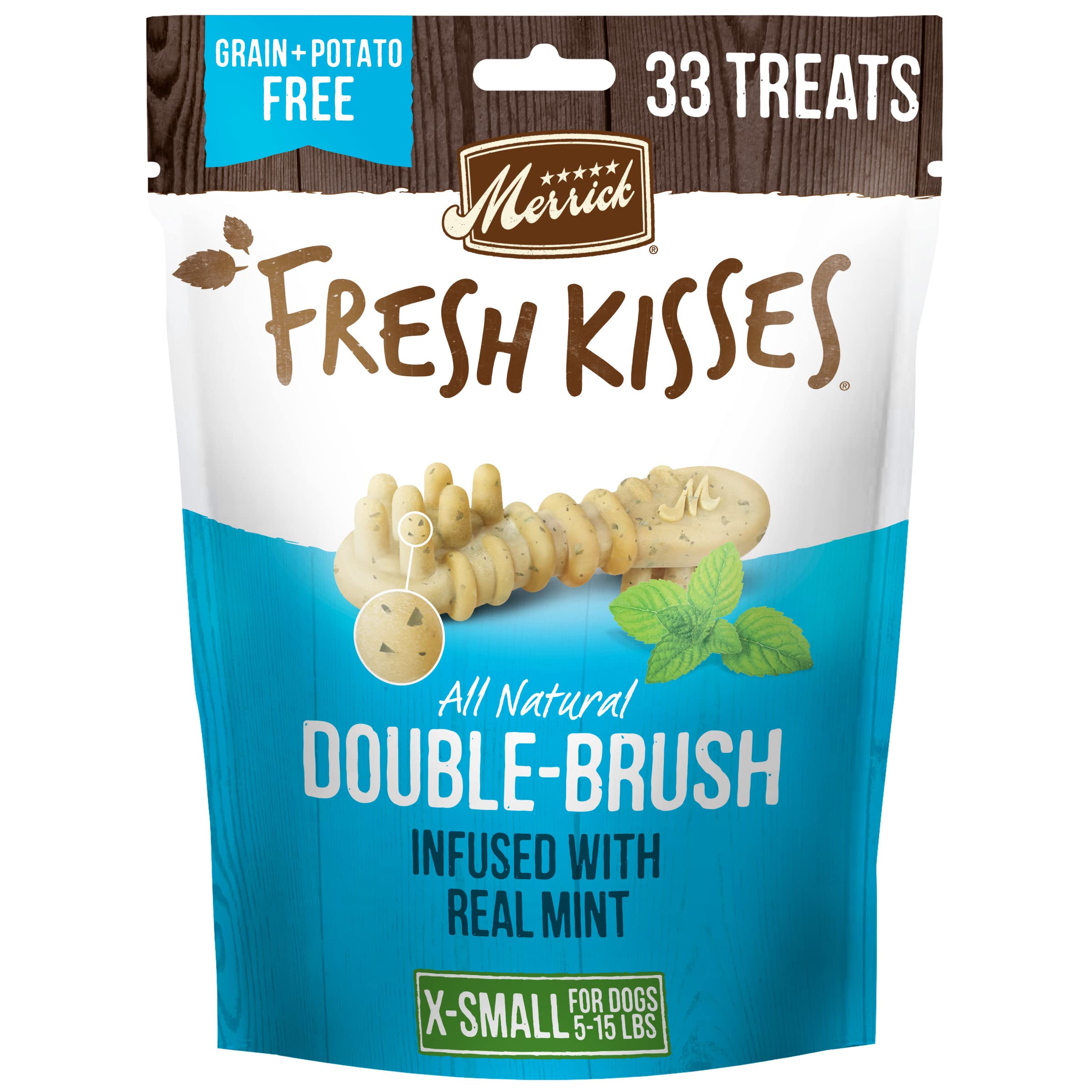 Merrick Fresh Kisses tiny-dog-bag-front image shows a convenient 33-count bag for daily dental care.