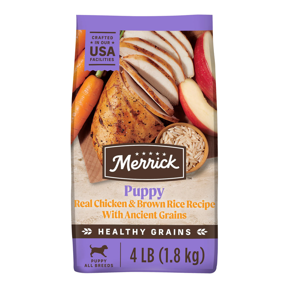 Merrick Healthy Grains Puppy bag front highlighting premium ingredients for healthy growth.