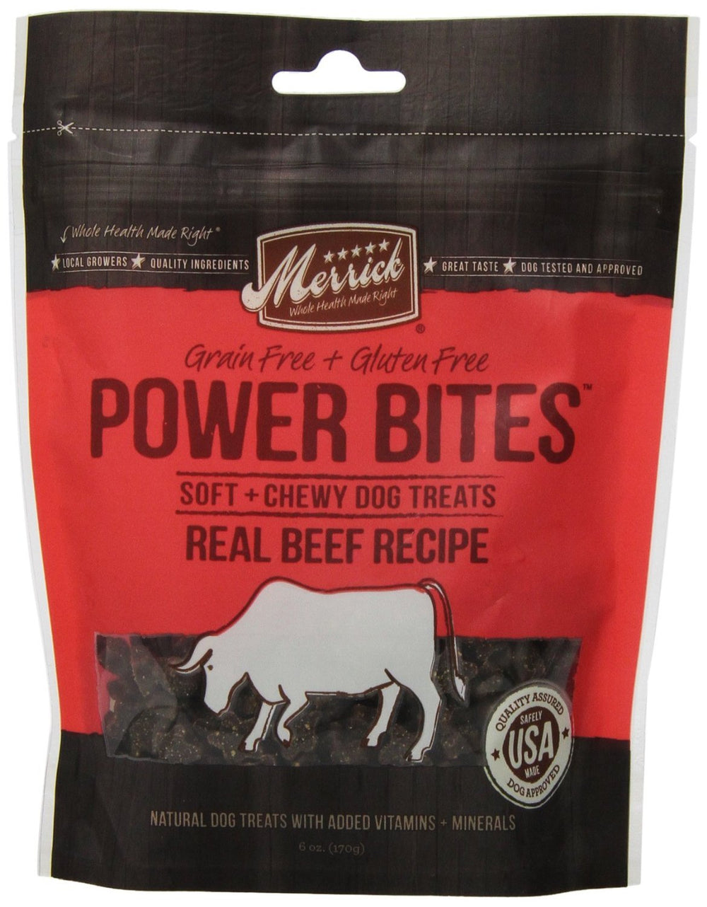 Merrick Power Bites beef treats in resealable pouch showing real beef flavor and packaging convenience.