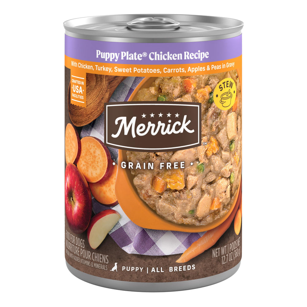 Merrick Puppy Plate chicken can closeup shows grain-free puppy nutrition.