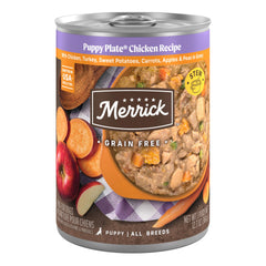 Merrick Puppy Plate chicken can closeup shows grain-free puppy nutrition.