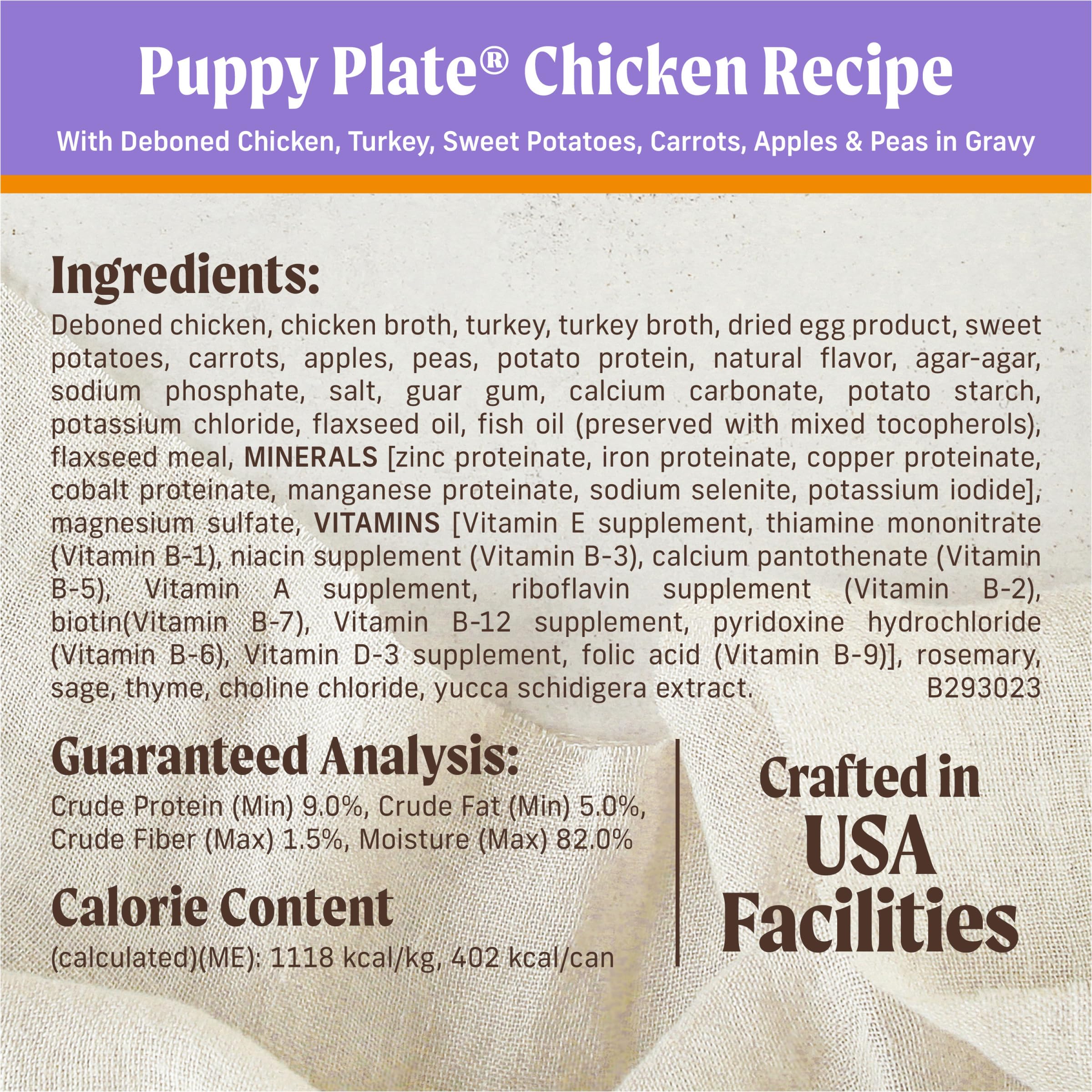 Merrick Puppy Plate complete-meal closeup indicates a complete balanced option.