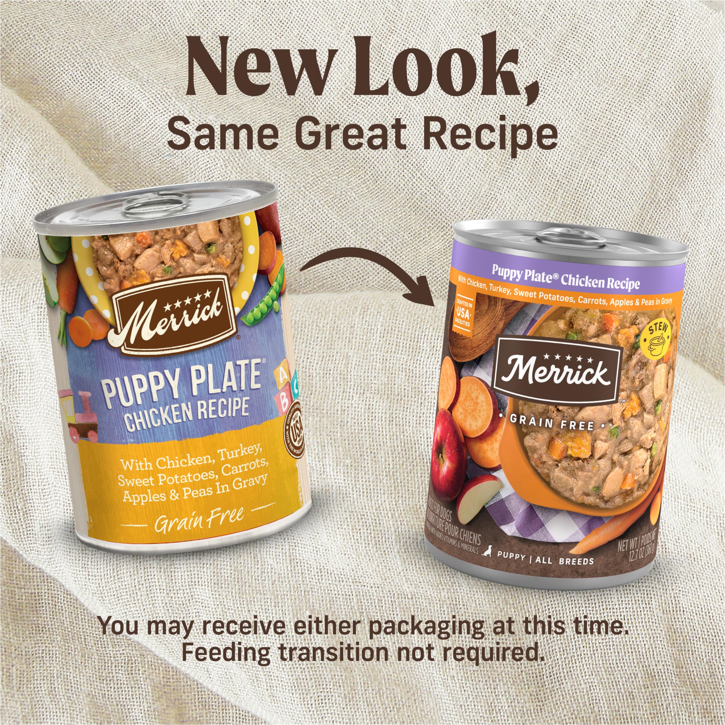 Merrick Puppy Plate chicken gravy detail highlights moisture-rich texture for puppies.