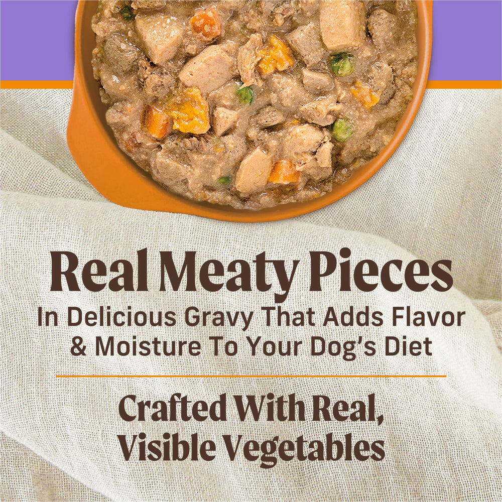 Merrick Puppy Plate chicken vegetable-mix closeup with carrots, potatoes, apples for balanced meals.