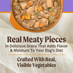 Merrick Puppy Plate chicken vegetable-mix closeup with carrots, potatoes, apples for balanced meals.
