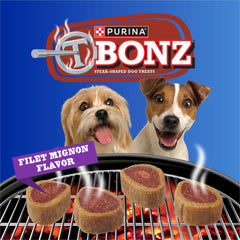Merrick Purina T-Bonz dog treats on plate reveal steak-shaped medallions for training.