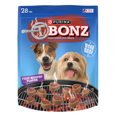 Merrick Purina T-Bonz Filet Mignon treats opening pouch, rewarding with savory steak flavor.