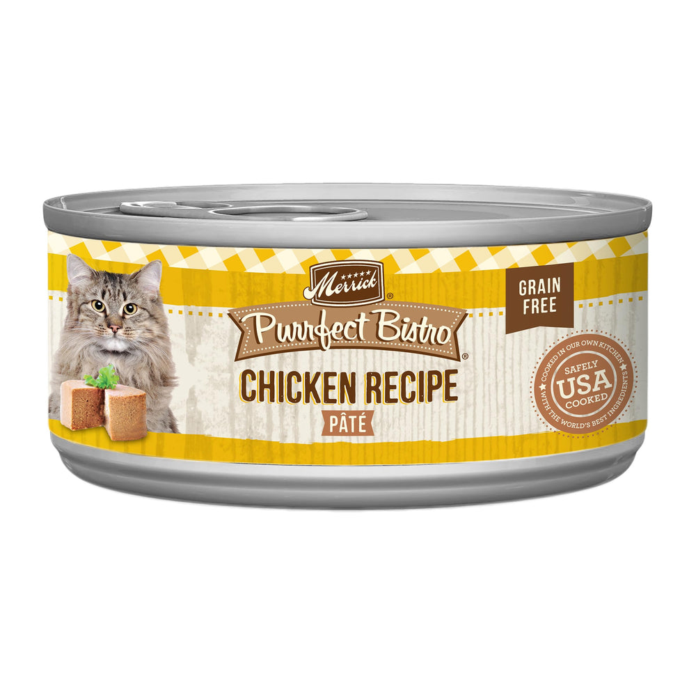 Merrick Purrfect Bistro chicken pate canned shows smooth texture ideal for picky eaters.