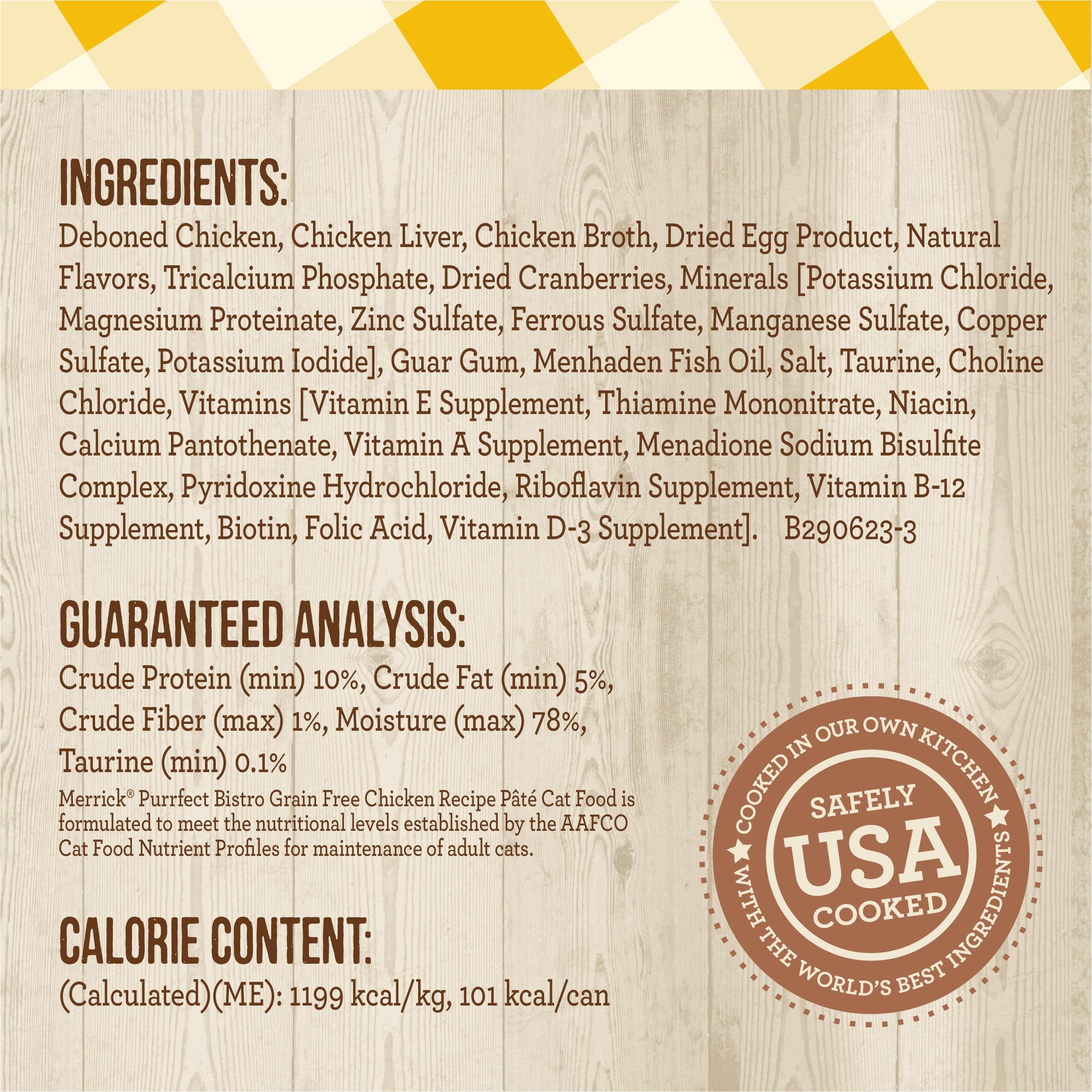 Merrick Purrfect Bistro grain-free ingredients tray highlights no corn or soy.