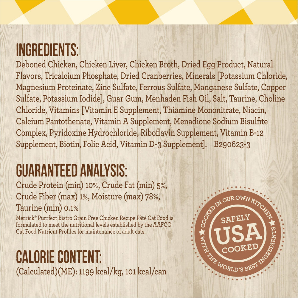 Merrick Purrfect Bistro grain-free ingredients tray highlights no corn or soy.