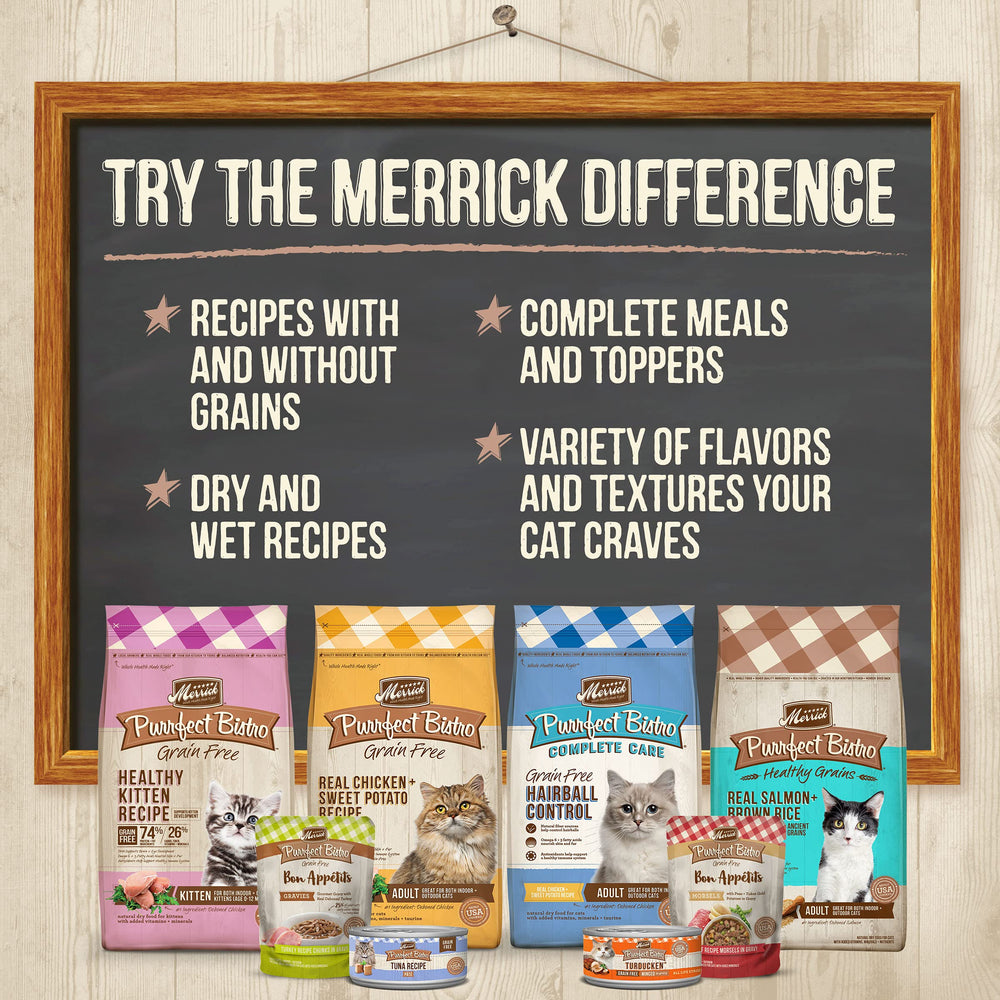 Merrick Purrfect Bistro 24-count box shown for convenient multi-pack feeding.