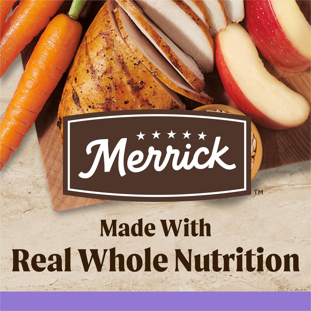 Merrick Real Deboned Chicken ingredient highlights first-meal protein for supporting growing muscles.