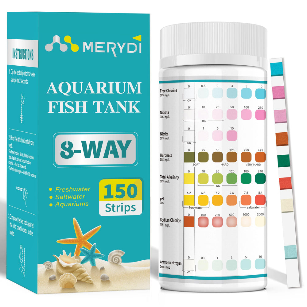 Merydi 8-Way Aquarium Test Strips kit front view for quick water checks