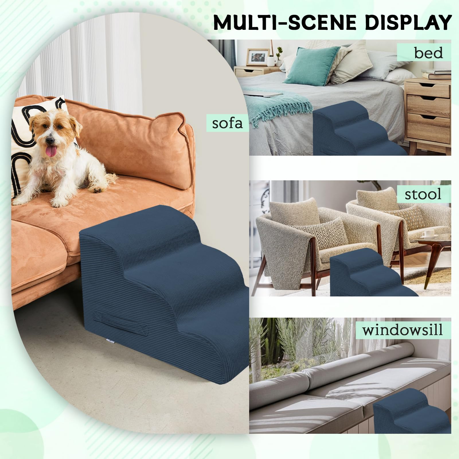 Mesa Lemon dog steps in-use on sofa shows pet elevation