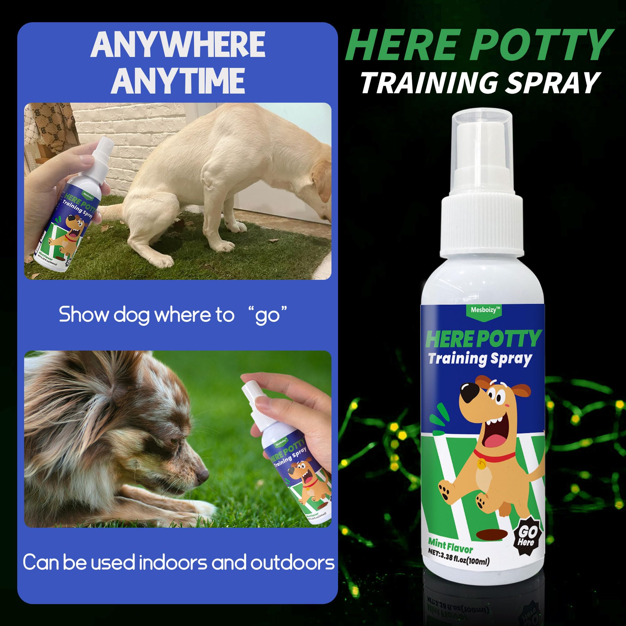 Mesboizy Indoor outdoor no-pee area setup showing spray placement for boundaries