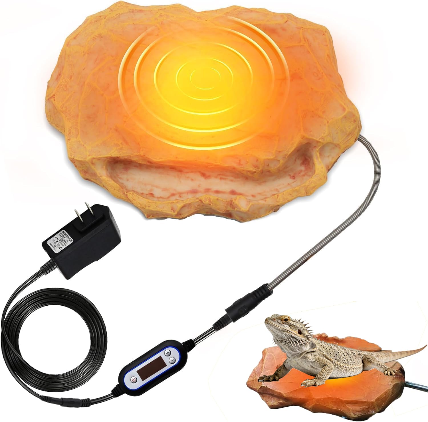 MECESOR heat rock with feeding trough demonstrates combined basking and feeding in one unit.
