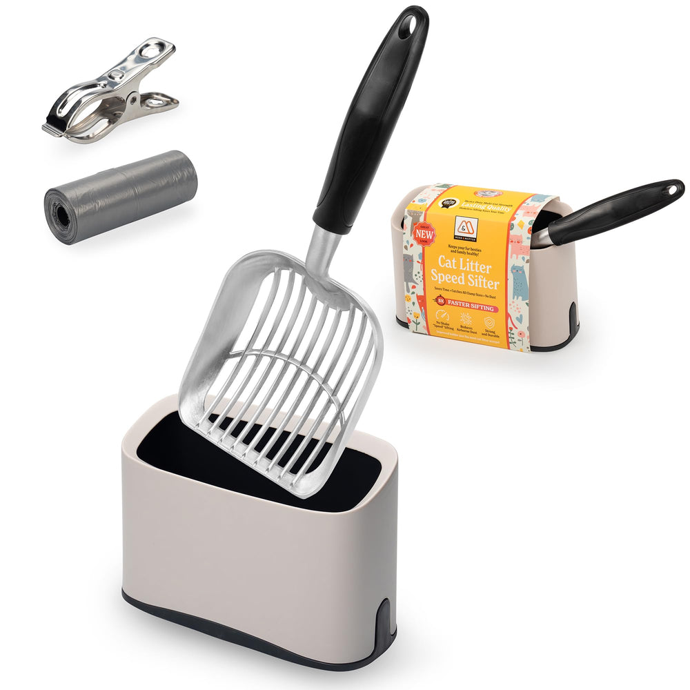 Mess & Matter heavy-duty metal cat litter scoop with holes for quick clump removal.