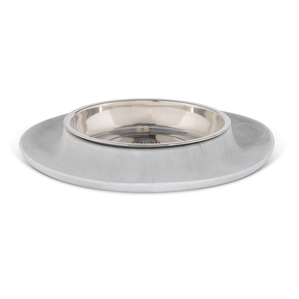 Messy Cats silicone feeder marble bowl with anti-slip base keeps meals tidy.