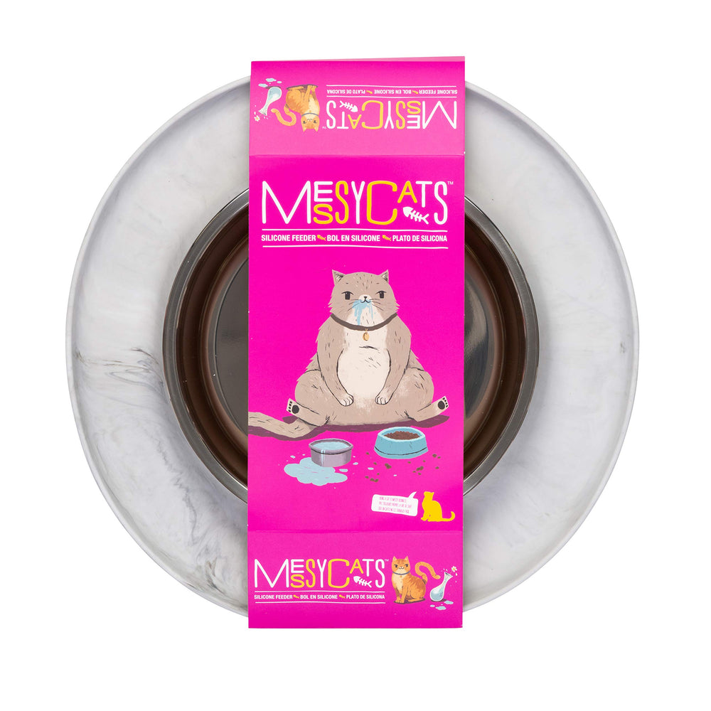 Messy Cats spill-proof design highlights raised edge to contain mess.
