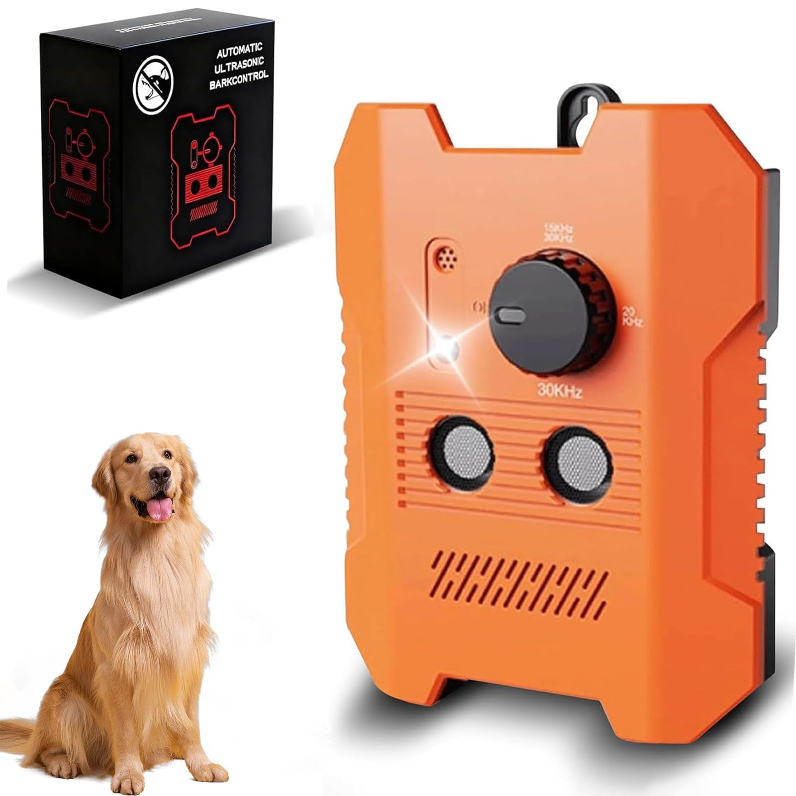 Methill Barkguard Pro front view showing compact design with LED indicator.